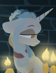 Size: 2550x3300 | Tagged: safe, artist:herfaithfulstudent, oc, oc only, oc:lannister, pony, unicorn, brick wall, candle, candlestick, collar, fire, high res, lineless, solo