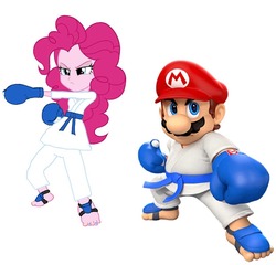 Size: 1080x1038 | Tagged: safe, artist:eddazzling81, pinkie pie, human, equestria girls, g4, barefoot, barely eqg related, blue belt, clothes, crossover, crossover shipping, feet, female, foot pad, gi, gloves, karate, karate gloves, male, mario, mario & sonic, mario & sonic at the olympic games, mario & sonic at the olympic games tokyo 2020, mario and sonic, mario and sonic at the olympic games, mariopie, martial arts, nintendo, robe, shipping, sports, straight, super mario bros.