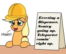 Size: 1100x900 | Tagged: safe, artist:mkogwheel edits, edit, applejack, earth pony, pony, g4, applejack's sign, cute, engiejack, engineer, engineer (tf2), female, helmet, howdy, open mouth, sign, simple background, smiling, solo, table, team fortress 2, text, white background