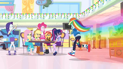 Size: 1600x900 | Tagged: safe, screencap, applejack, fluttershy, pinkie pie, rainbow dash, rarity, sci-twi, sunset shimmer, twilight sparkle, equestria girls, equestria girls specials, g4, my little pony equestria girls: better together, my little pony equestria girls: holidays unwrapped, canterlot mall, chair, clothes, converse, dress, female, food court, glasses, humane five, humane seven, humane six, ponytail, rainbow, running, shoes, sitting, sneakers, speeding, table