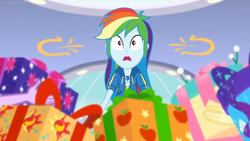 Size: 1600x900 | Tagged: safe, screencap, rainbow dash, equestria girls, equestria girls specials, g4, my little pony equestria girls: better together, my little pony equestria girls: holidays unwrapped, box, female, geode of super speed, magical geodes, present, solo, wrapped