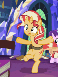 Size: 450x600 | Tagged: safe, derpibooru exclusive, edit, edited screencap, editor:hotkinkajou, screencap, starlight glimmer, sunset shimmer, pony, unicorn, equestria girls, equestria girls specials, g4, mirror magic, animated, bad touch, bipedal, cropped, cute, cutie mark, disembodied hand, female, flailing, gif, hand, in the human world for too long, library, losing balance, majestic as fuck, mare, motion blur, motion lines, perfect loop, personal space invasion, saddle bag, shimmerbetes, solo focus, stumbling, twilight's castle