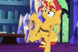 Size: 480x320 | Tagged: safe, edit, edited screencap, screencap, sound edit, sunset shimmer, pony, unicorn, equestria girls, equestria girls specials, g4, mirror magic, animated, bipedal, book, cropped, cute, dubstep, female, flailing, in the human world for too long, losing balance, majestic as fuck, mare, music, saddle bag, shimmerbetes, solo, sound, stumbling, twilight's castle, weapons-grade cute, webm
