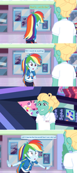 Size: 1598x3596 | Tagged: safe, edit, edited screencap, screencap, rainbow dash, zephyr breeze, pony, dashing through the mall, equestria girls, equestria girls series, g4, my little pony equestria girls: holidays unwrapped, clothes, comic, dialogue, geode of super speed, hair bun, hoodie, magical geodes, panic, plushie, screencap comic, shirt, shrug, smiling, speech bubble, surprised, wristband