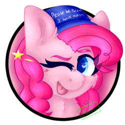 Size: 1600x1600 | Tagged: safe, artist:diantrex, pinkie pie, earth pony, pony, g4, :p, autism hat, autistic pinkie pie, female, headcanon, icon, one eye closed, please be patient i have autism, solo, tongue out, wink