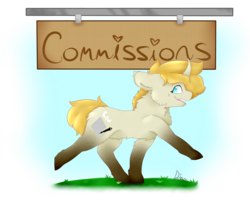 Size: 999x800 | Tagged: safe, artist:diantrex, oc, oc only, oc:dianthus, pony, curved horn, full body, grass, happy, horn, side view, sign, solo, trotting