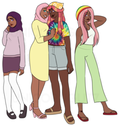 Size: 1340x1408 | Tagged: safe, artist:unicorngutz, fluttershy, tree hugger, oc, oc:shy meadows, oc:summer song (ice1517), butterfly, human, icey-verse, g4, anklet, bandana, clothes, commission, dark skin, denim shorts, dress, family, feet, female, flats, high heels, hijab, hug, humanized, humanized oc, islam, islamashy, lesbian, magical lesbian spawn, mary janes, miniskirt, mother and daughter, offspring, pants, parent:fluttershy, parent:tree hugger, parents:flutterhugger, religion, ring, sandals, ship:flutterhugger, shipping, shirt, shoes, shorts, siblings, simple background, sisters, skirt, socks, stockings, sweater, t-shirt, tank top, thigh highs, transparent background, wedding ring