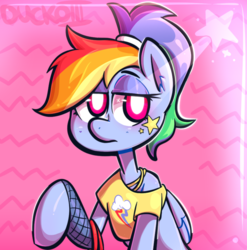 Size: 844x853 | Tagged: safe, artist:duckoiii, rainbow dash, pony, g4, alternate hairstyle, clothes, cute, cutie mark on clothes, dashabetes, female, fishnet stockings, jewelry, lidded eyes, necklace, off shoulder, ponytail, punk, short shirt, solo, stars, white pupils