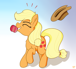 Size: 3000x2728 | Tagged: safe, artist:yakoshi, applejack, earth pony, pony, g4, apple, body freckles, chest fluff, eyes closed, female, food, freckles, gradient background, happy, hat, high res, mare, mouth hold, raised hoof, solo