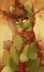 Size: 1178x1920 | Tagged: safe, artist:tangomangoes, oc, oc only, oc:olive hue, earth pony, pony, autumn, bench, clothes, scarf, solo