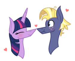 Size: 1100x903 | Tagged: safe, artist:darbypop1, star tracker, twilight sparkle, pony, g4, blushing, boop, bust, cute, eyes closed, female, heart, male, noseboop, portrait, profile, ship:twitracker, shipping, simple background, straight, transparent background