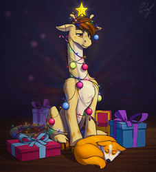 Size: 2727x3000 | Tagged: safe, artist:phenya, oc, dog, giraffe, candy, candy cane, christmas, christmas lights, countershading, food, high res, holiday, present, sitting, unamused