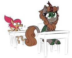 Size: 1066x851 | Tagged: safe, artist:lockheart, oc, oc only, oc:firewood, oc:rainier, kirin, pegasus, pony, chair, classroom, cute, exchange student, mouth hold, ocbetes, pencil, simple background, sitting, student, table, white background