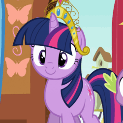 Size: 506x506 | Tagged: safe, screencap, spike, twilight sparkle, dragon, pony, unicorn, g4, magical mystery cure, :d, animated, big crown thingy, blinking, cute, element of magic, female, gif, hair bounce, happy, jewelry, male, mare, open mouth, regalia, solo focus, twiabetes, unicorn twilight