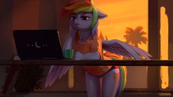 Size: 1920x1080 | Tagged: safe, artist:quvr, rainbow dash, pegasus, anthro, g4, cheek fluff, clothes, computer, cup, cute, dashabetes, ear fluff, female, laptop computer, mare, mug, notebook, palm tree, shirt, solo, spread wings, t-shirt, tired, tree, underwear, wings