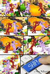 Size: 626x930 | Tagged: safe, edit, editor:melisareb, gameloft, garble, lilac links, prominence, dragon, earth pony, pony, g4, sweet and smoky, the hearth's warming club, background pony, bouquet, button, dragoness, female, flower, keyboard, lava, meme, ship:garbinence, shipping, shipping fuel, snow, upgrade meme