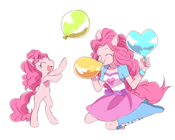 Size: 1500x1201 | Tagged: safe, artist:keep, pinkie pie, earth pony, human, pony, equestria girls, g4, balloon, blowing up balloons, cute, diapinkes, eyes closed, female, heart balloon, human ponidox, mare, missing cutie mark, open mouth, pixiv, ponied up, rearing, self ponidox, sitting