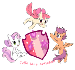 Size: 706x658 | Tagged: safe, artist:keep, apple bloom, scootaloo, sweetie belle, earth pony, pegasus, pony, unicorn, crusaders of the lost mark, g4, blank flank, cute, cutie mark, cutie mark crusaders, female, filly, open mouth, pixiv, simple background, the cmc's cutie marks, white background