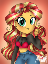 Size: 1536x2048 | Tagged: safe, artist:artmlpk, sunset shimmer, equestria girls, g4, blushing, bra, clothes, crop top bra, cute, fashion, female, hairpin, jeans, looking at you, pants, peace sign, shimmerbetes, smiling, solo, underwear