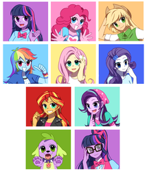 Size: 1539x1796 | Tagged: safe, artist:keep, applejack, fluttershy, pinkie pie, rainbow dash, rarity, sci-twi, spike, spike the regular dog, starlight glimmer, sunset shimmer, twilight sparkle, dog, equestria girls, g4, cute, female, humane five, humane seven, humane six, looking at you, male, open mouth, pixiv, smiling, twolight