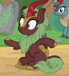 Size: 578x639 | Tagged: safe, edit, edited screencap, screencap, cinder glow, sparkling brook, summer flare, kirin, sounds of silence, animated, background kirin, charades, cinderbetes, cloven hooves, cropped, cute, female, flailing, gif, hooves, leg fluff, loop, noodle arms, perfect loop, quadrupedal, silly, sitting, the club can't even handle me right now, wide eyes
