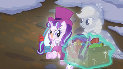Size: 1920x1080 | Tagged: safe, screencap, applejack, snowfall frost, spirit of hearth's warming past, starlight glimmer, earth pony, ghost, pony, unicorn, a hearth's warming tail, g4, season 6, box, butt, female, filly, great moments in animation, hat, incorporeal, mare, plot, pushing, self ponidox, the seeds of the past, top hat, transparent flesh