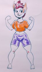 Size: 1197x2048 | Tagged: safe, artist:raph13th, smolder, human, g4, belly button, clothes, female, humanized, marker drawing, midriff, shirt, short shirt, shorts, simple background, smiling, solo, traditional art, white background