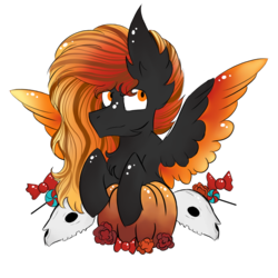 Size: 1000x1000 | Tagged: safe, artist:hunterthewastelander, oc, oc only, oc:fire drift, pegasus, pony, candy, chest fluff, commission, ear fluff, flower, food, impossibly large ears, male, pegasus oc, pumpkin, simple background, skull, solo, stallion, transparent background, wings, ych result