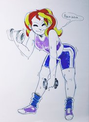 Size: 1495x2048 | Tagged: safe, artist:raph13th, sunset shimmer, human, g4, clothes, converse, dumbbells, gym uniform, humanized, marker drawing, midriff, shoes, socks, solo, sports bra, traditional art, workout