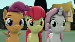 Size: 1280x720 | Tagged: safe, apple bloom, scootaloo, sweetie belle, earth pony, pony, g4, 3d, :3, cutie mark crusaders, looking at you, noise, source filmmaker