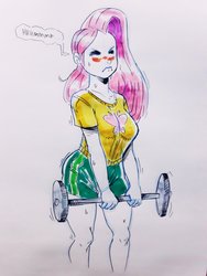 Size: 1536x2048 | Tagged: safe, artist:raph13th, fluttershy, human, g4, barbell, clothes, gym uniform, humanized, lifting, marker drawing, shorts, solo, struggling, sweat, traditional art, weight lifting, weights, workout, workout outfit