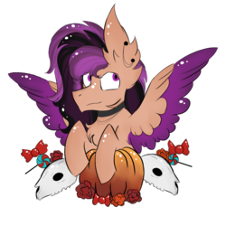 Size: 1000x1000 | Tagged: safe, artist:hunterthewastelander, oc, oc only, oc:ponebox, pegasus, pony, candy, chest fluff, commission, ear fluff, flower, food, impossibly large ears, pegasus oc, pumpkin, simple background, skull, solo, transparent background, wings, ych result