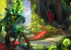 Size: 1280x905 | Tagged: safe, artist:ulitochka, queen chrysalis, oc, changeling, changeling queen, earth pony, pony, g4, bad end, canterlot castle, changeling slime, changelings in the comments, cocoon, egg, female, quadrupedal, throne room
