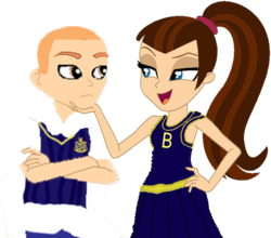 Size: 699x614 | Tagged: safe, artist:kayman13, equestria girls, g4, bully, bully (video game), cheerleader outfit, clothes, crest, crossed arms, crossover, equestria girls-ified, female, hand on chin, hand on hip, jimmy hopkins, looking at each other, male, mandy wiles, ponytail, school uniform, simple background, symbol, transparent background, uniform, vest