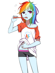 Size: 600x800 | Tagged: safe, artist:kona1025, rainbow dash, equestria girls, g4, anime, brushing teeth, clothes, cutie mark on clothes, female, morning ponies, shorts, simple background, solo, toothbrush, white background
