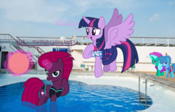 Size: 1533x983 | Tagged: safe, artist:徐詩珮, fizzlepop berrytwist, glitter drops, spring rain, tempest shadow, twilight sparkle, alicorn, pony, unicorn, series:sprglitemplight diary, series:sprglitemplight life jacket days, series:springshadowdrops diary, series:springshadowdrops life jacket days, g4, ball, base used, bisexual, broken horn, clothes, cute, dialogue, equestria girls outfit, female, glitterbetes, happy, horn, lesbian, lifeguard, lifeguard spring rain, onomatopoeia, polyamory, ship:glitterlight, ship:glittershadow, ship:sprglitemplight, ship:springdrops, ship:springlight, ship:springshadow, ship:springshadowdrops, ship:tempestlight, shipping, sound effects, springbetes, swimsuit, tempestbetes, twiabetes, twilight sparkle (alicorn)