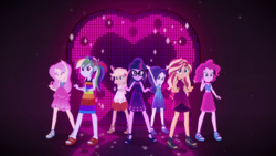 Size: 1920x1080 | Tagged: safe, screencap, applejack, fluttershy, pinkie pie, rainbow dash, rarity, sci-twi, sunset shimmer, twilight sparkle, human, equestria girls, g4, i'm on a yacht, spoiler:eqg series (season 2), armpits, arms in the air, backstage, beautiful eyes, clothes, cruise concert outfit, dress, equestria girls logo, eyes closed, feet, female, glasses, grin, hands in the air, humane seven, looking at you, neon eg logo, open-toed shoes, raised arm, sandals, short dress, sleeveless, smiling, smiling at you, teeth, waving