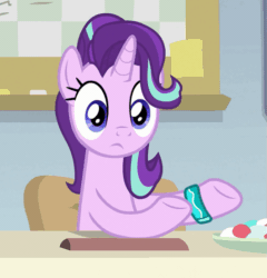 Size: 531x554 | Tagged: safe, screencap, starlight glimmer, pony, unicorn, g4, student counsel, animated, bracelet, cropped, desk, female, gif, jewelry, sitting, solo, starlight's office