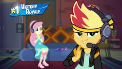 Size: 1280x720 | Tagged: safe, edit, edited screencap, screencap, fluttershy, sunset shimmer, equestria girls, g4, game stream, my little pony equestria girls: better together, couch, female, fortnite, hairstyle, headphones, microphone, ninja (streamer), smiling