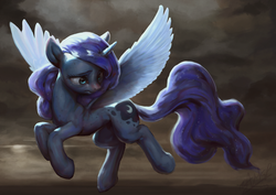 Size: 1440x1020 | Tagged: safe, artist:assasinmonkey, princess luna, alicorn, pony, crying, cutie mark, digital painting, ethereal mane, female, flying, mare, missing accessory, sad, solo, spread wings, starry mane, wings