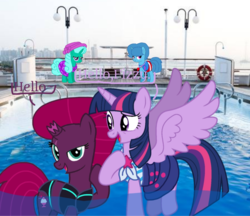 Size: 1080x934 | Tagged: safe, artist:徐詩珮, fizzlepop berrytwist, glitter drops, spring rain, tempest shadow, twilight sparkle, alicorn, pony, unicorn, series:sprglitemplight diary, series:sprglitemplight life jacket days, series:springshadowdrops diary, series:springshadowdrops life jacket days, g4, base used, bisexual, broken horn, clothes, cute, dialogue, equestria girls outfit, female, glitterbetes, happy, hat, hello, horn, lesbian, lifeguard, lifeguard spring rain, onomatopoeia, polyamory, ship:glitterlight, ship:glittershadow, ship:sprglitemplight, ship:springdrops, ship:springlight, ship:springshadow, ship:springshadowdrops, ship:tempestlight, shipping, sound effects, springbetes, swimsuit, tempestbetes, twiabetes, twilight sparkle (alicorn)