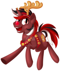Size: 1600x1895 | Tagged: safe, artist:missbramblemele, oc, oc only, oc:pyre, pony, unicorn, antlers, deviantart watermark, male, obtrusive watermark, red nose, reindeer antlers, simple background, solo, stallion, transparent background, watermark