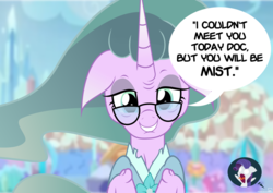 Size: 1024x726 | Tagged: safe, artist:jhayarr23, mistmane, rarity, pony, unicorn, project seaponycon, g4, elley-ray hennessey, female, glasses, mare, pun, show accurate, voice actor joke