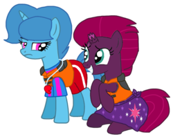 Size: 1271x1005 | Tagged: safe, artist:徐詩珮, fizzlepop berrytwist, spring rain, tempest shadow, pony, unicorn, series:sprglitemplight life jacket days, series:springshadowdrops life jacket days, g4, base used, broken horn, clothes, cute, female, horn, lesbian, lifeguard, lifeguard spring rain, lifejacket, ship:springshadow, shipping, simple background, spring rain is not amused, springbetes, swimsuit, tempestbetes, transparent background, unamused