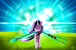 Size: 1807x1186 | Tagged: safe, artist:jphyperx, starlight glimmer, pony, unicorn, g4, the cutie map, amulet, bandage, cool guys don't look at explosions, explosion, female, glowing horn, horn, jewelry, magic, solo, staff, staff of sacanas, staff of sameness