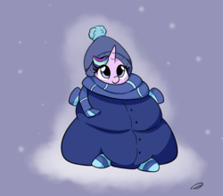 Size: 1791x1578 | Tagged: safe, artist:taurson, starlight glimmer, pony, unicorn, g4, bundled up for winter, clothes, coat, cute, female, glimmerbetes, hat, holiday, oversized clothes, scarf, snow, solo, winter, winter outfit