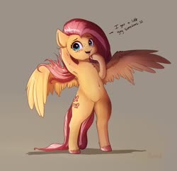 Size: 2713x2631 | Tagged: safe, artist:miokomata, fluttershy, pegasus, semi-anthro, g4, :3, arm hooves, armpits, belly button, bipedal, blushing, chest fluff, dialogue, fangs, female, freckles, high res, mare, open mouth, simple background