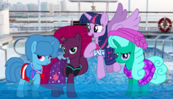 Size: 1882x1080 | Tagged: safe, artist:徐詩珮, fizzlepop berrytwist, glitter drops, spring rain, tempest shadow, twilight sparkle, alicorn, pony, unicorn, series:sprglitemplight diary, series:sprglitemplight life jacket days, series:springshadowdrops diary, series:springshadowdrops life jacket days, g4, alternate universe, base used, bisexual, broken horn, clothes, cute, equestria girls outfit, female, glitterbetes, happy, hat, horn, lesbian, lifeguard, lifeguard spring rain, onomatopoeia, polyamory, ship:glitterlight, ship:glittershadow, ship:sprglitemplight, ship:springdrops, ship:springlight, ship:springshadow, ship:springshadowdrops, ship:tempestlight, shipping, sound effects, springbetes, swimsuit, tempestbetes, twiabetes, twilight sparkle (alicorn)