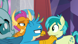 Size: 1920x1080 | Tagged: safe, screencap, gallus, ocellus, sandbar, smolder, changedling, changeling, dragon, earth pony, griffon, pony, g4, she's all yak, 1080p, amused, blank stare, bowtie, claws, confused, crossed arms, curved horn, cute, cutie mark, dragoness, female, folded wings, frown, horn, horns, lidded eyes, lip bite, male, pulling, smiling, smirk, talons, teasing, teenaged dragon, teenager, wings