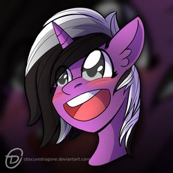 Size: 1024x1024 | Tagged: safe, artist:obscuredragone, oc, oc only, oc:silver smoke, pony, unicorn, big eyes, black and white mane, blushing, commission, freckles, gray eyes, happy, horn, long hair, open mouth, smiling, solo, ych result